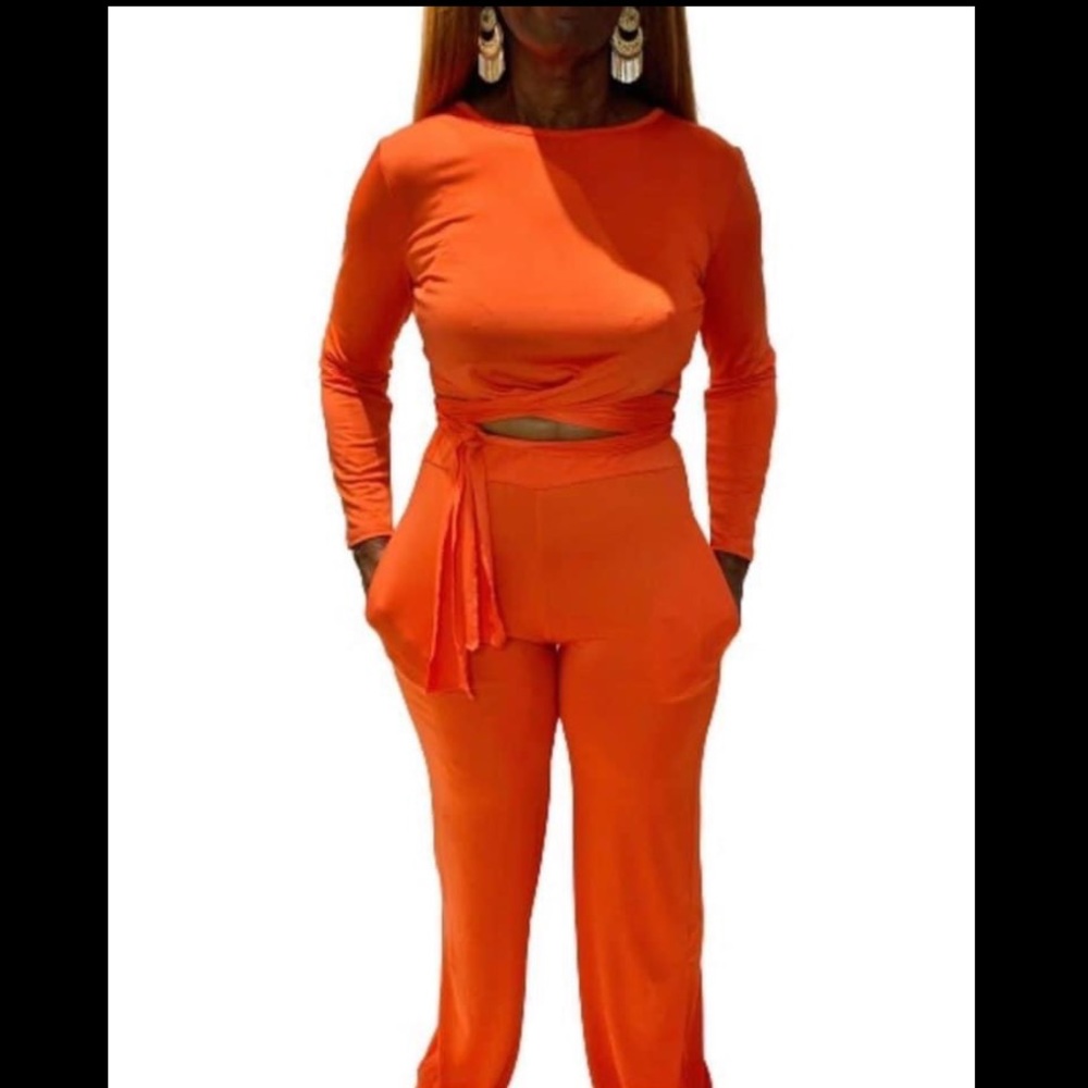 New Without Tags - 2 pc Tangerine, Wrap Around Waist Pants Set - Picture 2 of 2